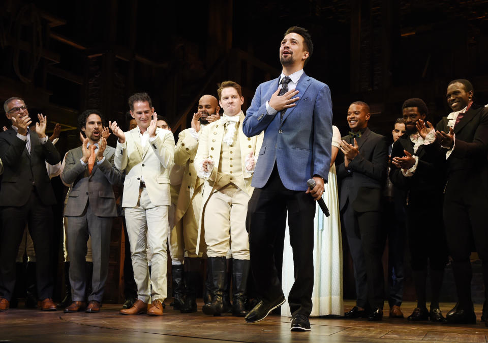 Lin-Manuel Miranda, creator of "Hamilton: An American Musical," acknowledges applause from the audience during the curtain call on the opening night of the Los Angeles run of the show at the Pantages Theatre on Wednesday, Aug. 16, 2017, in in Los Angeles. (Photo by Chris Pizzello/Invision/AP)