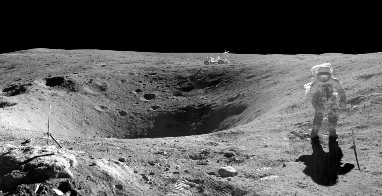 <span class="caption">Scientists have been studying lunar samples brought back from Apollo missions to understand the geologic history of the Moon. </span> <span class="attribution"><a class="link " href="https://www.hq.nasa.gov/alsj/a16/a16pan1240222dmh.jpg" rel="nofollow noopener" target="_blank" data-ylk="slk:NASA;elm:context_link;itc:0;sec:content-canvas">NASA</a></span>