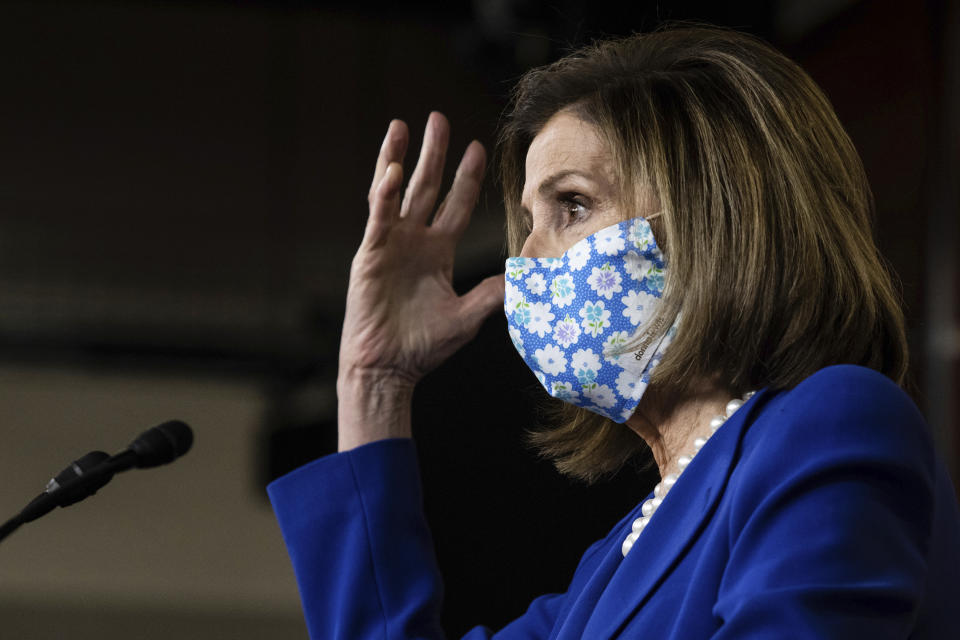 Speaker of the House Nancy Pelosi, D-Calif., speaks during a news conference on Capitol Hill in Washington, Friday, March 19, 2021. (Graeme Jennings/Pool via AP)