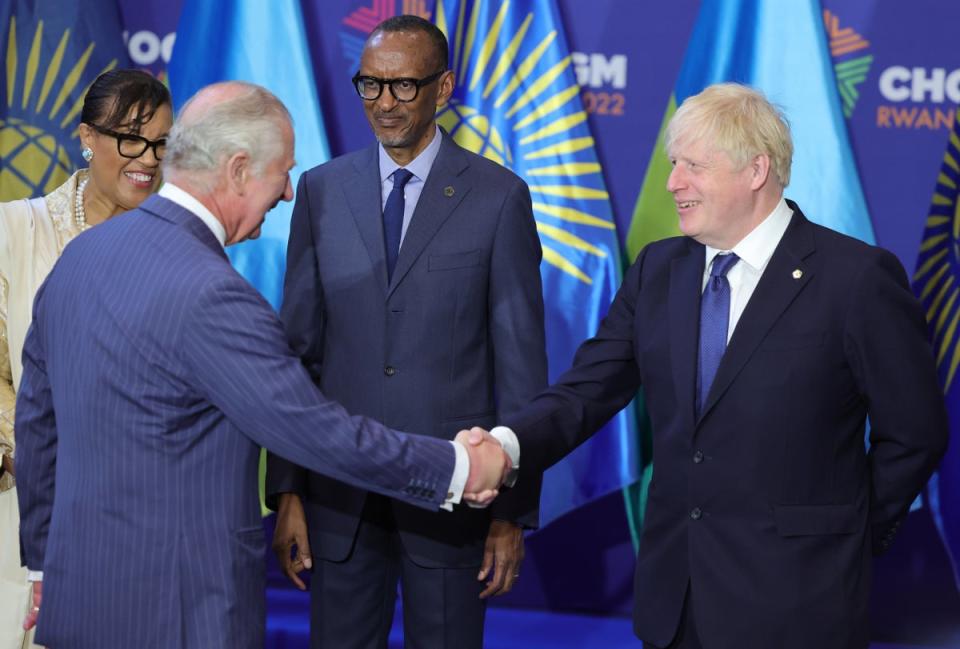 The Prince of Wales shakes hands with Prime Minister Boris Johnson as they attend the Commonwealth Heads of Government Meeting (CHOGM) opening ceremony at Kigali Convention Centre (Chris Jackson/PA) (PA Wire)