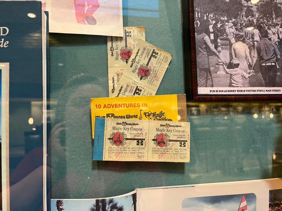 shadow box with opening day tickets in the lobby of pop century resort at disney world