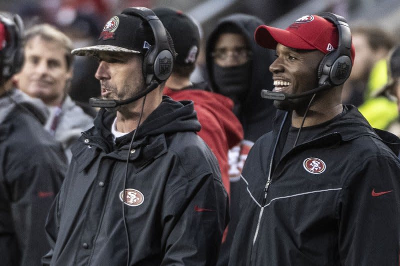 Former San Francisco 49ers defensive coordinator DeMeco Ryans (R) left coach Kyle Shanahan's staff last off-season to become head coach of the Houston Texans. File Photo by Terry Schmitt/UPI