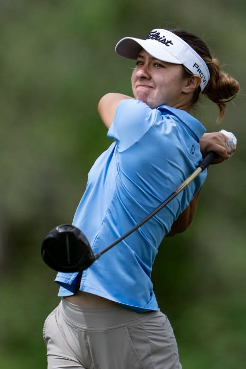 Augusta National Women’s Amateur champion Anna Davis of the United States plays her stroke from the No. 5 tee during round one of the Augusta National Women’s Amateur at Champions Retreat Golf Club, Wednesday, April 3, 2024.