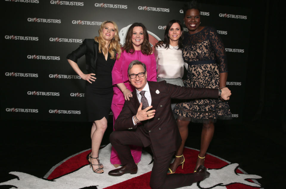 LAS VEGAS, NV - APRIL 12:  (L-R) Actresses Kate McKinnon, Melissa McCarthy, Kristen Wiig, Leslie Jones and 'Ghostbusters' director Paul Feig attend CinemaCon 2016 An Evening with Sony Pictures Entertainment: Celebrating the Summer of 2016 and Beyond at The Colosseum at Caesars Palace during CinemaCon, the official convention of the National Association of Theatre Owners, on April 12, 2016 in Las Vegas, Nevada.  (Photo by Todd Williamson/Getty Images for CinemaCon)