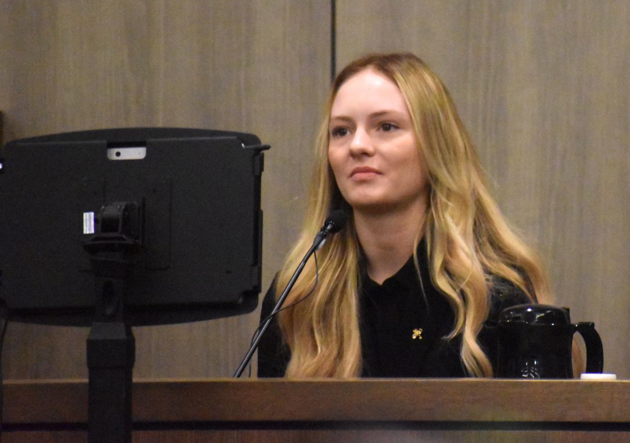 Maya Kowalski, 17, took the stand Tuesday, Sept. 26, 2023, to testify about a letter she wrote while at Johns Hopkins All Children's Hospital in October 2016 during the third day of the civil lawsuit against the hospital. Pool photo by Frank DiFiore