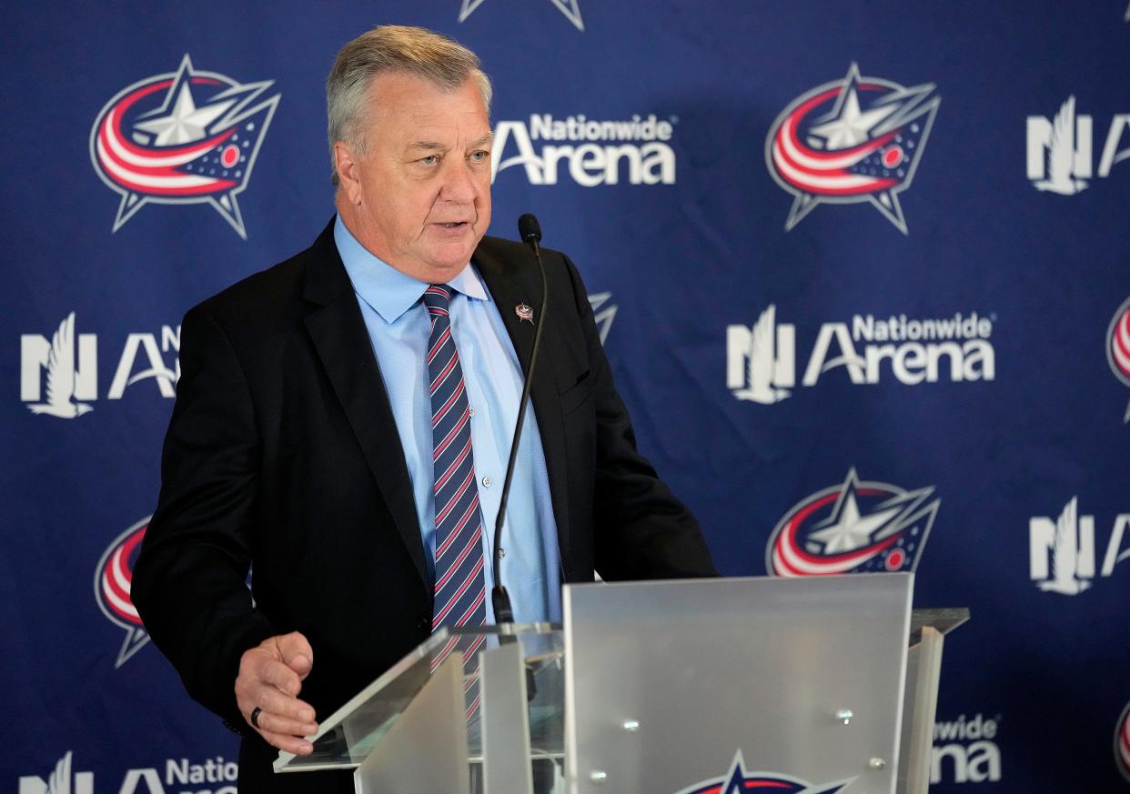 May 29, 2024; Columbus, OH, USA; Don Waddell has been hired as president of hockey operations and general manager for the Columbus Blue Jackets during a media press conference at Nationwide Arena.