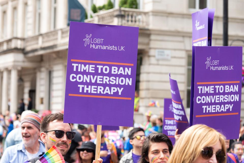 LGBT Humanists UK at Pride in London 2023, celebration of LGBT+. Ban conversion therapy placard
