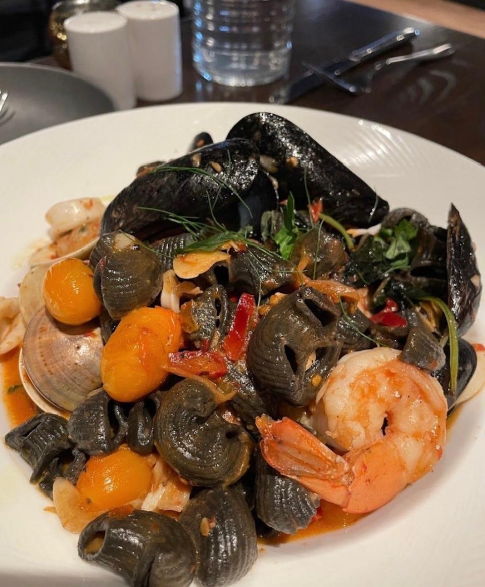 Squid-ink pasta, shrimp, clams and mussels star in Lumache Neri at Bar Cicchetti, an Italian restaurant at the Westin Great Southern Columbus hotel.