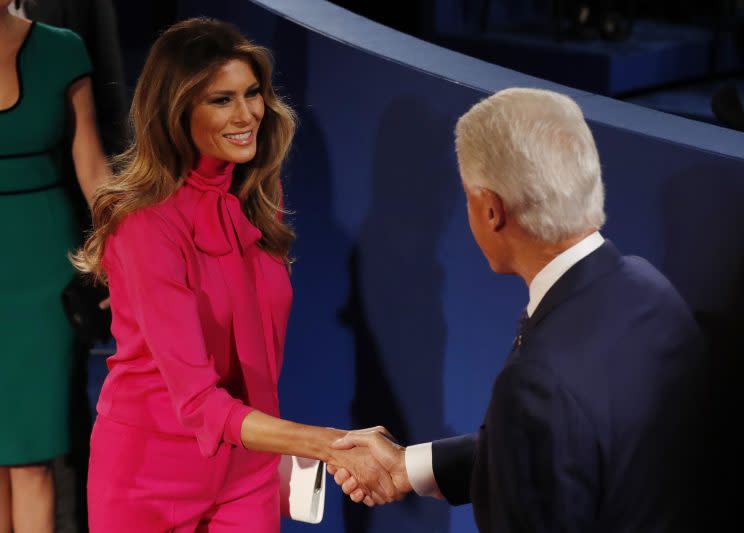 Melania Trump wearing a pink pussy-bow blouse at a town hall debate in October. (Photo: Reuters)