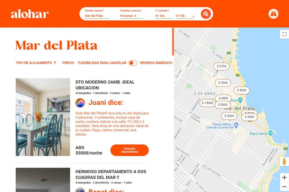 Una vista de Alohar, uno de los tantos sitios argentinos para alquiler temporal