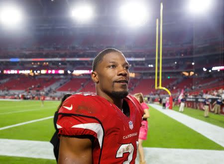 Oct 17, 2016; Glendale, AZ, USA; Arizona Cardinals running back David Johnson following the game against the New York Jets at University of Phoenix Stadium. The Cardinals defeated the Jets 28-3. Mandatory Credit: Mark J. Rebilas-USA TODAY Sports