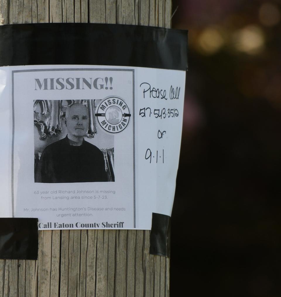 A flier affixed to pole about Richard Johnson, 63, who has been missing since May 7.