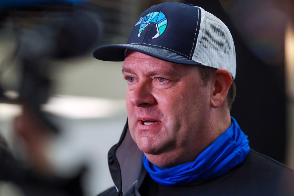 Trainer Doug O'Neill talks with the media after the post position draw for the Kentucky Derby.