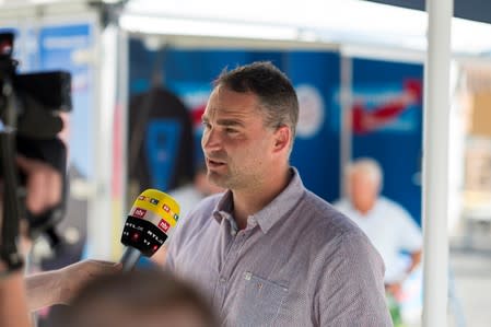 Sebastian Wippel of Alternative for Germany (AfD) during local elections campaign on the Marienplatz in Goerlitz