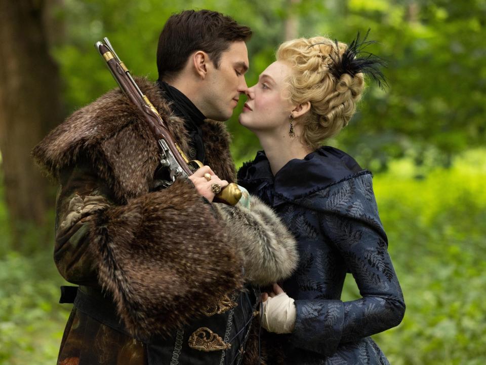 Nicholas Hoult as Peter and Elle Fanning as Catherine on season three, episode one of "The Great."