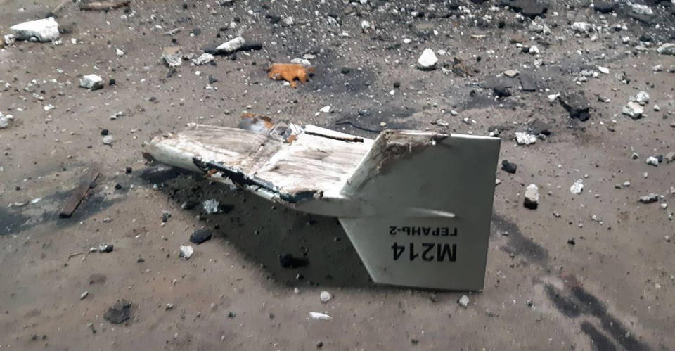 FILE - This undated photograph released by the Ukrainian military's Strategic Communications Directorate shows the wreckage of what Kyiv has described as an Iranian Shahed drone downed near Kupiansk, Ukraine. Ukraine's military claimed on Sept. 13, 2022, for the first time that it encountered an Iranian-supplied suicide drone used by Russia on the battlefield. Russia’s unleashing of successive waves of the Iranian-made Shahed drones over Ukraine has multiple aims — take out key targets, crush morale and ultimately drain the enemy's war chest and weapons trying to defend against them as the conflict evolves into a longer war of attrition. (Ukrainian military's Strategic Communications Directorate via AP, File)