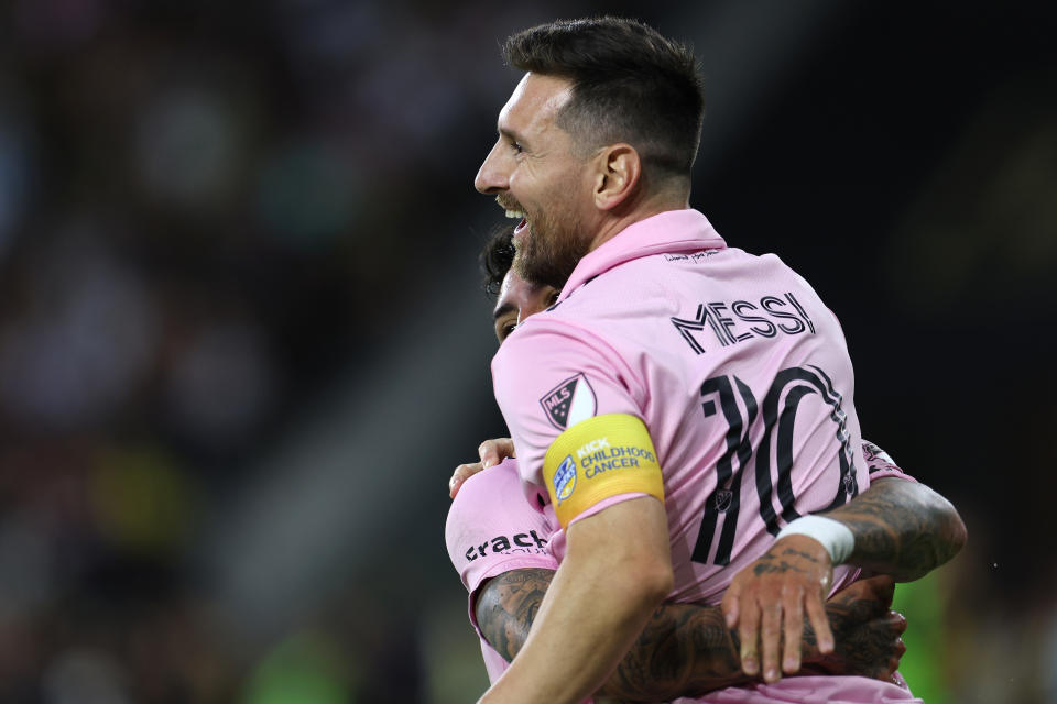 LOS ANGELES, CALIFORNIA - SEPTEMBER 03: Facundo Farías #11 of Inter Miami CF celebrates his goal with Lionel Messi #10 in the first half during a match between Inter Miami CF and Los Angeles Football Club at BMO Stadium on September 03, 2023 in Los Angeles, California. (Photo by Harry How/Getty Images)