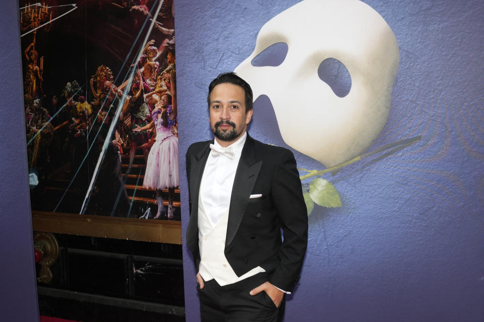 Lin-Manuel Miranda attends "The Phantom of the Opera," final Broadway performance at the Majestic Theatre on Sunday, April 16, 2023, in New York. (Photo by Charles Sykes/Invision/AP)