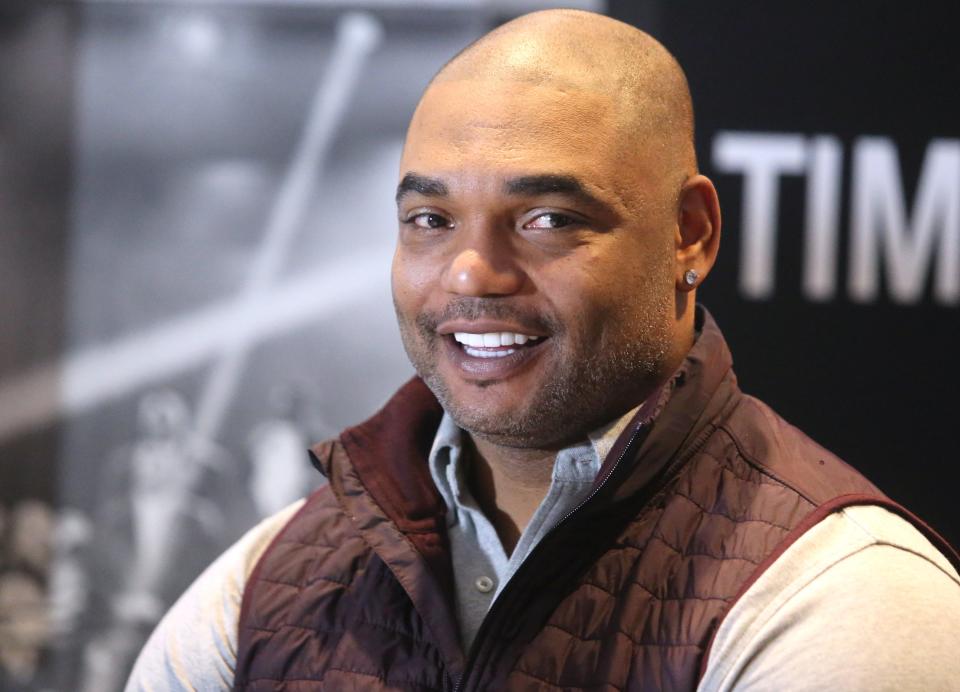 Richard Seymour speaks to the media at the Pro Football Hall of Fame in Canton on Monday, March 14, 2022. Seymour is a member of the Class of 2022.