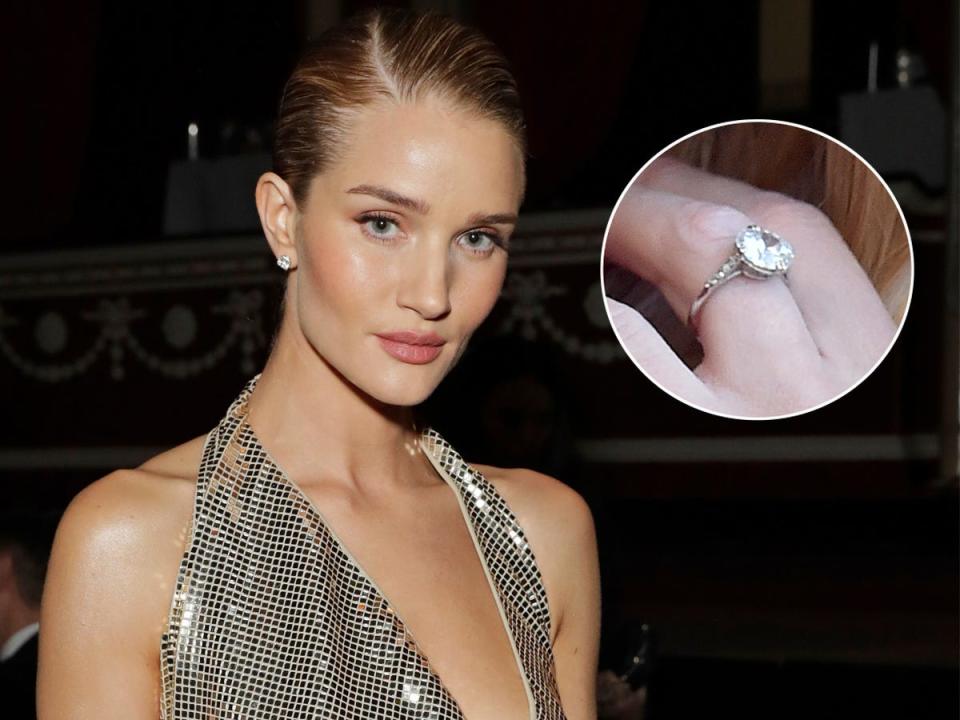 Rosie Huntington-Whiteley and a close-up shot of her engagement ring.