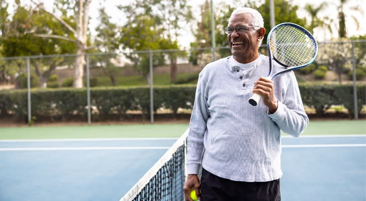 A man in retirement playing tennis who has $8 million.