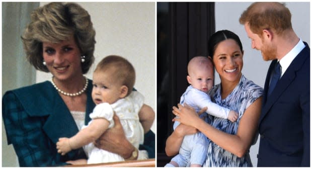 Princess Diana holding Prince Harry as a baby, Prince Harry and <a href="https://parade.com/992609/roisinkelly/meghan-markle-net-worth/" rel="nofollow noopener" target="_blank" data-ylk="slk:Meghan Markle;elm:context_link;itc:0;sec:content-canvas" class="link ">Meghan Markle</a> with baby Archie Harrison Mountbatten Windsor<p>Anwar Hussein/Getty Images/Toby Melville - Pool/Getty Images</p>