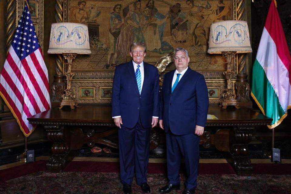 Hungarian Prime Minister Viktor Orban (R) and former U.S. President Donald Trump pose for a photo during their meeting at Mar-a-Lago, Florida, U.S., on March 8, 2024. (Donald Trump's press service)