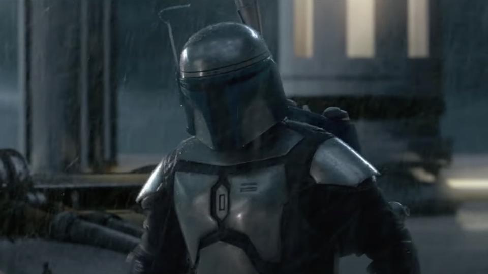 Jango Fatt in Kamino rain seeing Obi-Wan Kenobi approach