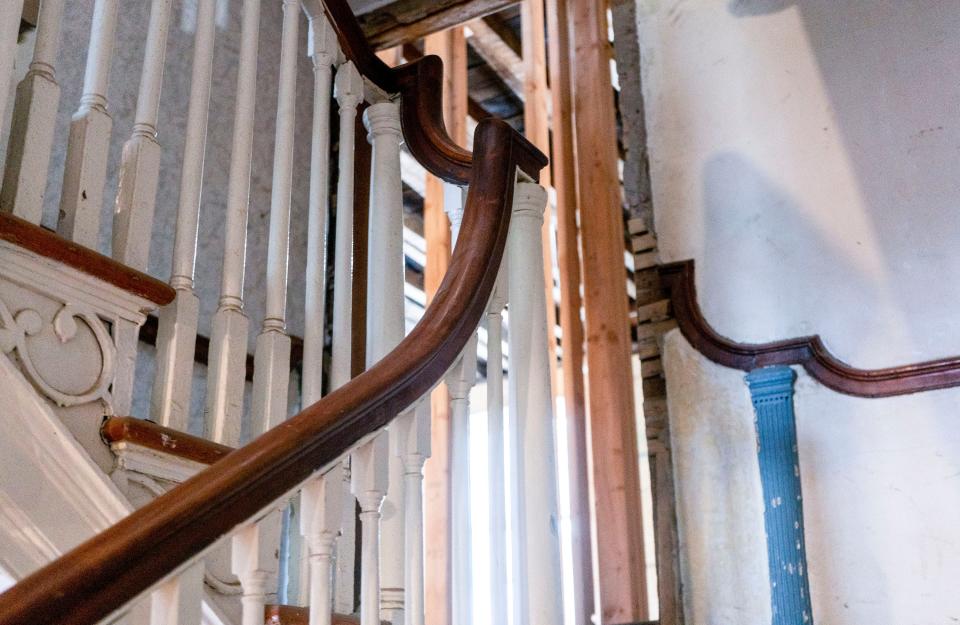 The second-floor stair railing and spindles at the former Fidelity Savings & Loan building Bernard Mazzocchi is renovating into a boutique hotel on Radcliffe St. in Bristol on Monday, Mar.4, 2024.