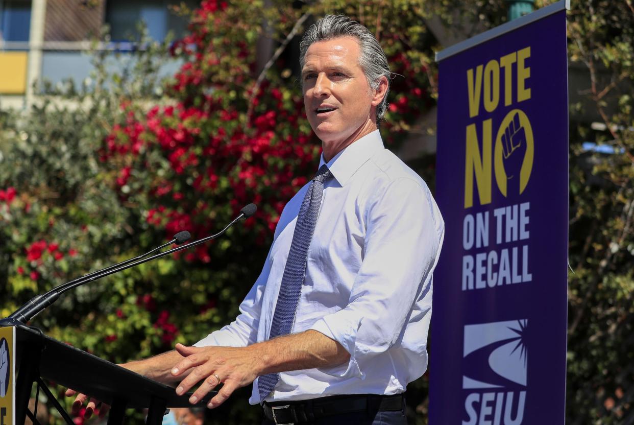 California Gov. Gavin Newsom speaks during a rally at St. Mary's Center in Oakland, Calif., Saturday, Sept. 11. 