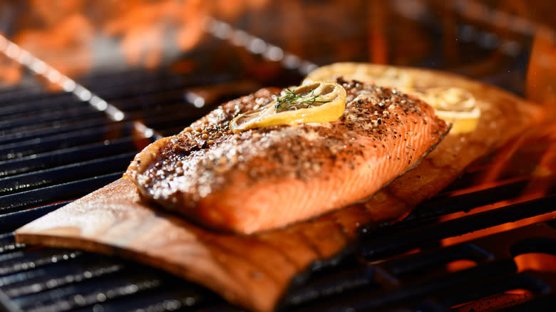 cedar planked salmon on grill