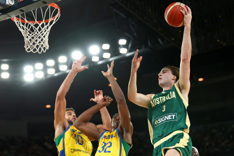 MELBOURNE, AUSTRALIA – AUGUST 16: Josh Giddey of Australia drives to the basket during the match between the Australia Boomers and Brazil at Rod Laver Arena on August 16, 2023 in Melbourne, Australia. (Photo by Graham Denholm/Getty Images)