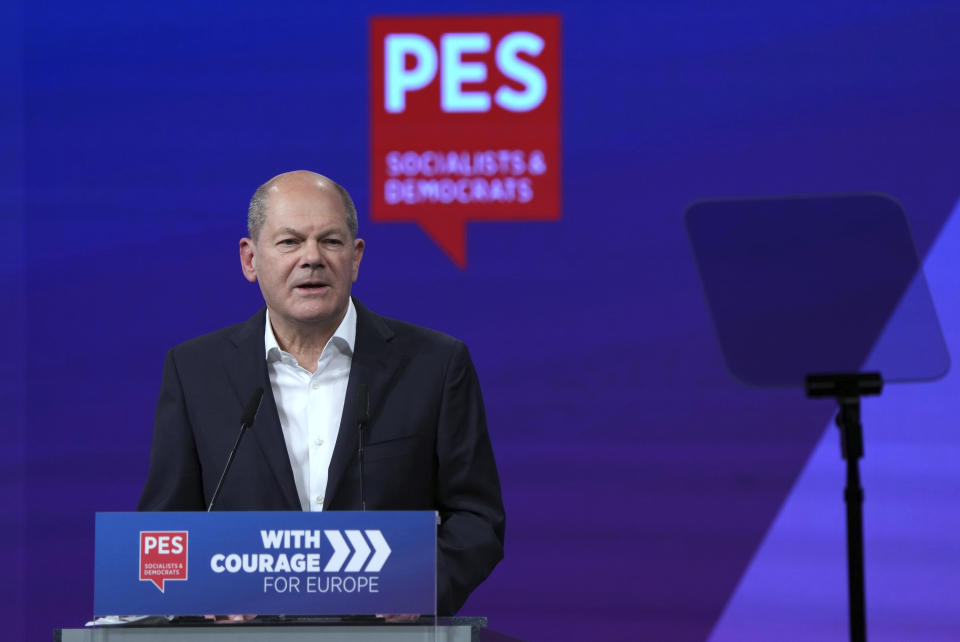 German Chancellor Olaf Scholz delivers a speech during a congress of the Party of European Socialists (PES) in Berlin, Germany, Saturday, Oct. 15, 2022. (AP Photo/Michael Sohn)