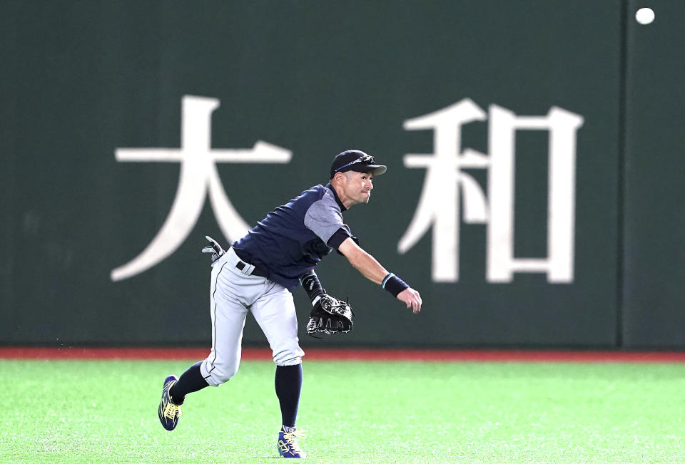 Seattle Mariners' Ichiro Suzuki warms up during his team's practice at Tokyo Dome in Tokyo Saturday, March 16, 2019. The Mariners will play in a two-baseball game series against the Oakland Athletics to open the Major League season on March 20-21. (AP Photo/Eugene Hoshiko)