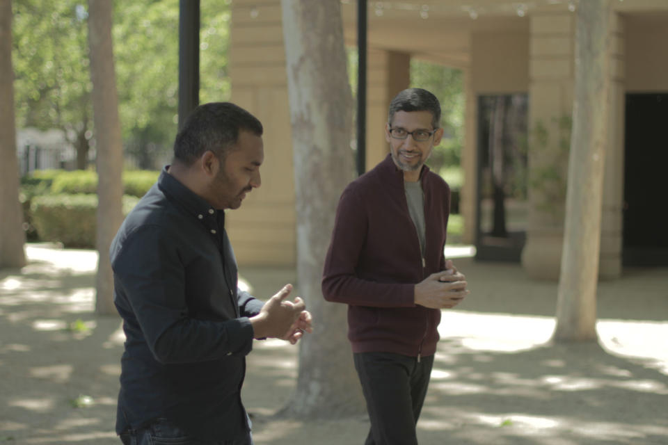Amol Rajan and Sundar Pichai at the Google campus. (BBC/Marcos Durian)