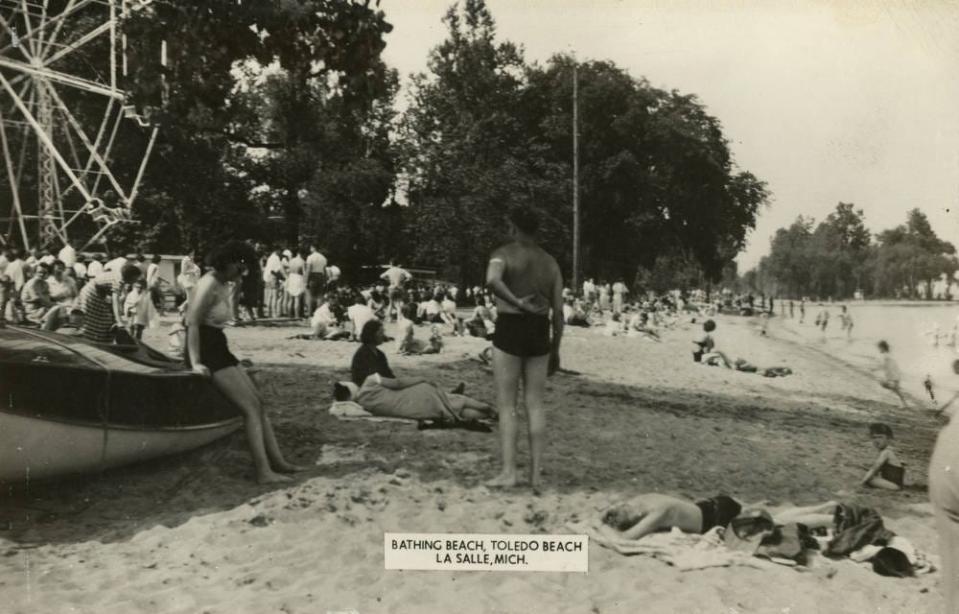 This photo shows beach-goers at the Toledo Beach Amusement Park in LaSalle, circa 1950's. After operating as an amusement park and gathering place on Lake Erie, the site later became the Toledo Beach Marina.