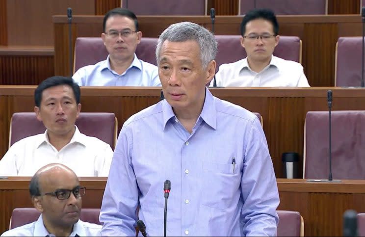 Prime Minister Lee Hsien Loong delivering his ministerial statement in Parliament on Monday (3 July). (PHOTO: Yahoo Newsroom)