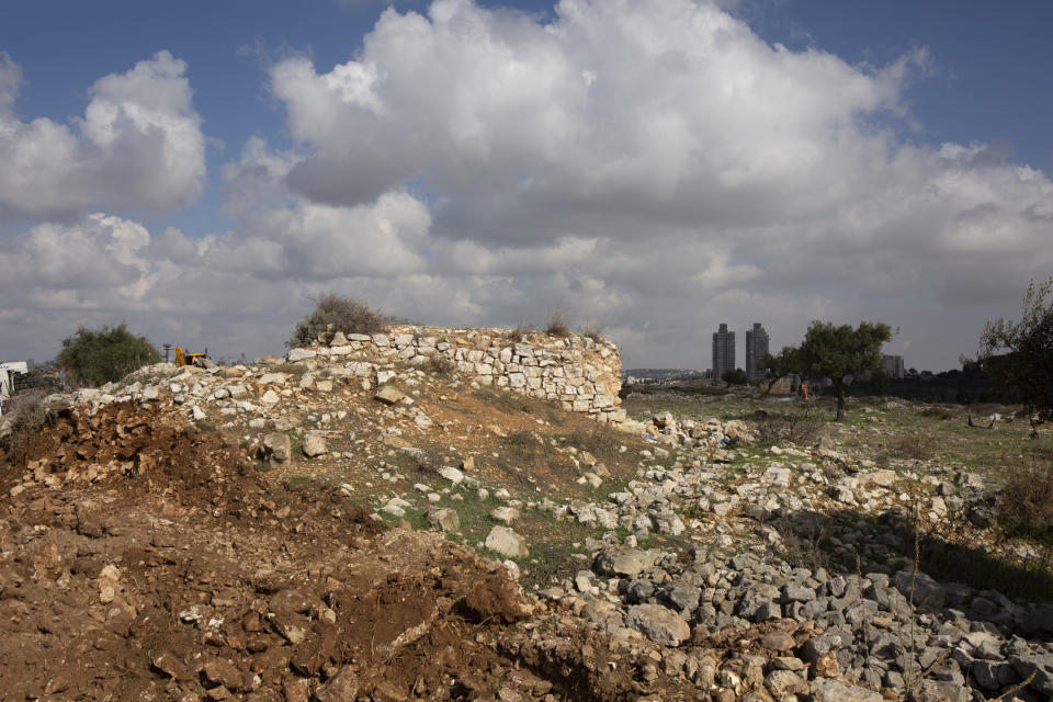 A stone building remains at the construction site for Givat Hamatos settlement ahead of a European Union officials' visit in Jerusalem, Monday, Nov. 16, 2020. The Israel Land Authority announced on its website Sunday that it had opened up tenders for more than 1,200 new homes in the settlement of Givat Hamatos, according to the Israeli anti-settlement group Peace Now. (AP Photo/Maya Alleruzzo)