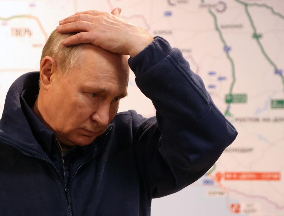 Russian President Vladimir Putin gestures during his meeting with drivers and road industry representatives, on Feb. 22, 2024 in Kazan, Russia. (Contributor/Getty Images)