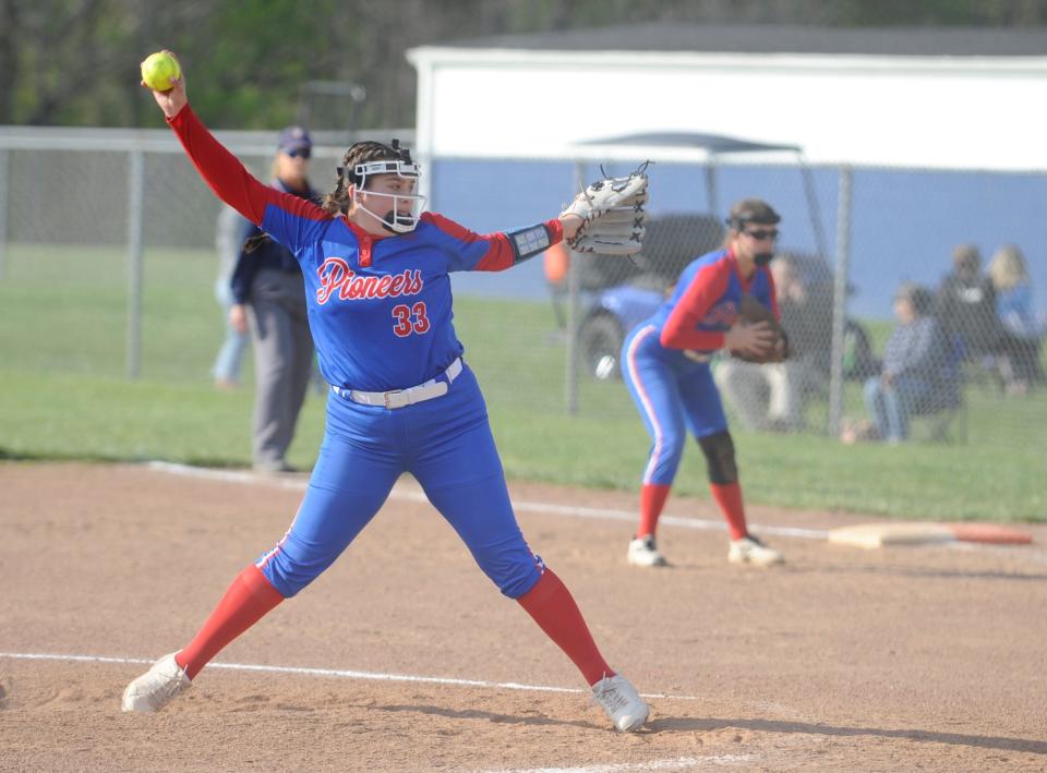 Zane Trace pitcher Brynn Wipert (#33) in the circle during the Pioneers' 9-2 win over Southeastern at Southeastern High School on April 26, 2023.