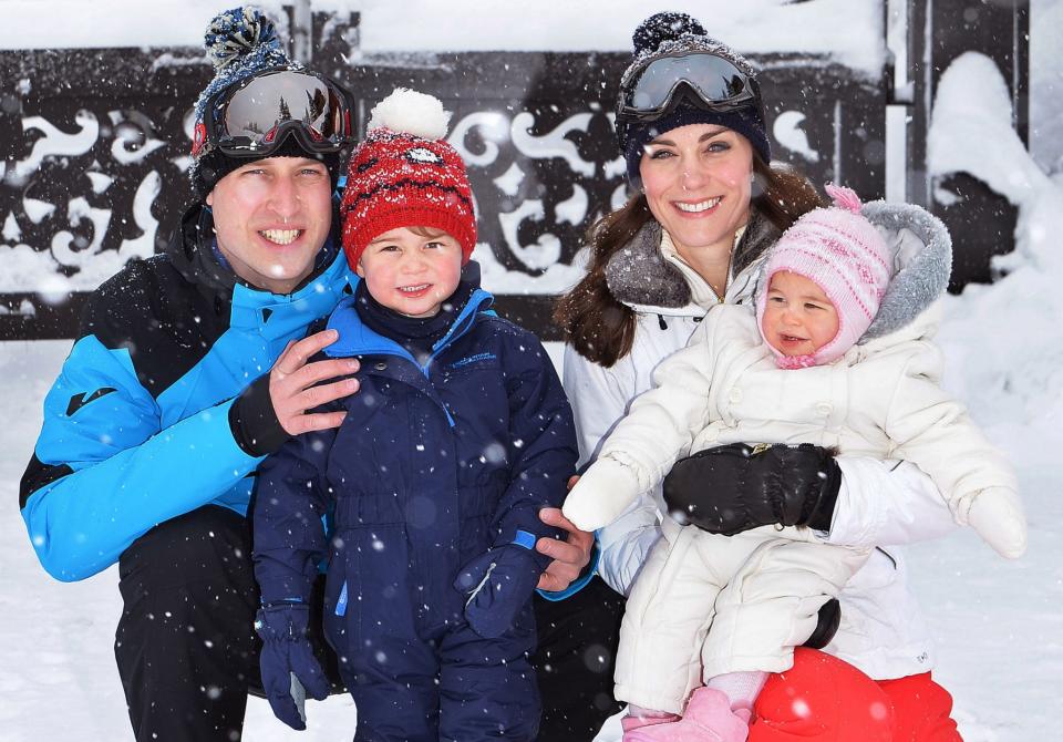 The Duke and Duchess of Cambridge with their children, Princess Charlotte and Prince George, enjoy a short private skiing break in March in the French Alps. (Photo: Getty Images)