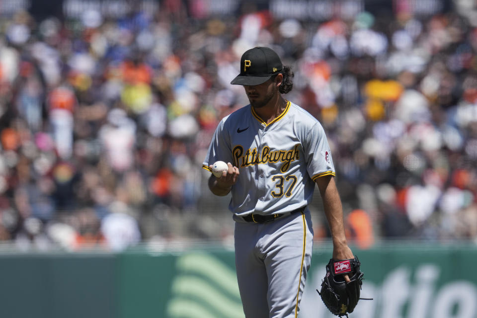 Pittsburgh Pirates pitcher Jared Jones reacts after walking San Francisco Giants' Jung Hoo Lee during the third inning of a baseball game Sunday, April 28, 2024, in San Francisco. (AP Photo/Godofredo A. Vásquez)