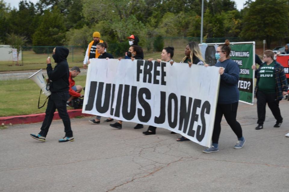 Supporters march for Julius Jones, an Oklahoma death row inmate who has long maintained his innocence, on 26 October, 2021. (Josh Marcus / The Independent)