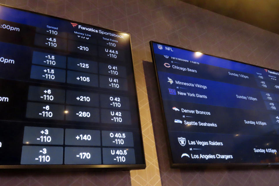 The sports book at the Ocean Casino Resort in Atlantic City, N.J., tests out its odds board screens on Sept. 4, 2024, shortly before it was to become a Fanatics Sportsbook, the company's first retail sportsbook in New Jersey. (AP Photo/Wayne Parry)