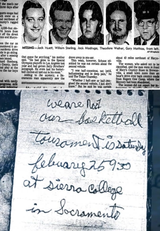 News clipping of the case with headshots, and a handwritten note about a basketball tournament at Sierra College in Sacramento