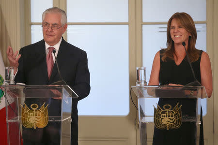 U.S. Secretary of State Rex Tillerson and Peruvian Foreign Minister Cayetana Aljovin hold a news conference in Lima, Peru, February 5, 2018. REUTERS/Guadalupe Pardo