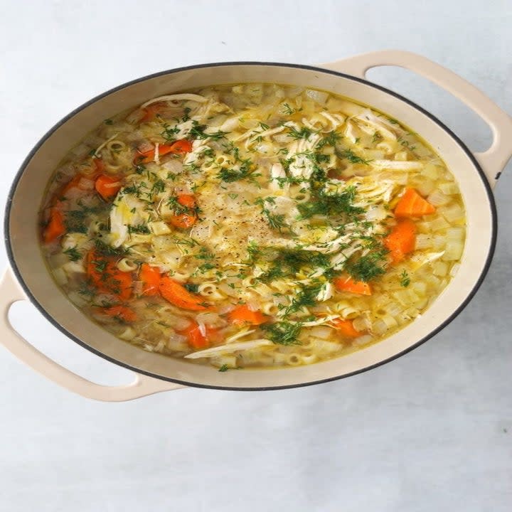 Rotisserie Chicken Noodle Soup in a pot