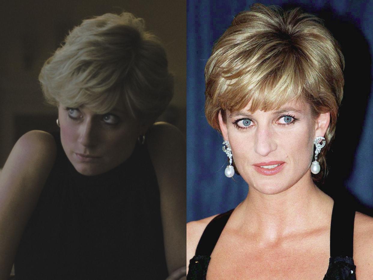 Elizabeth Debicki as Princess Diana in season five of "The Crown" and Princess Diana in 1996.
