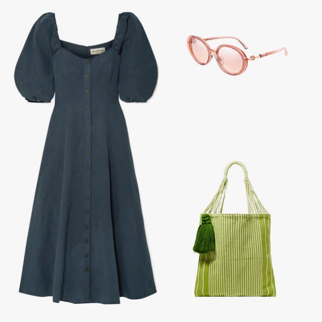 Mara Hoffman x Net Sustain Mika Tencel and linen-blend maxi dress, $525, net-a-porter.com; Bulgari B. Zero 1 sunglasses, $440, for information: bulgari.com; Nannacay x Net Sustain Bianca tasseled crocheted cotton-blend tote, $165, net-a-porter.com