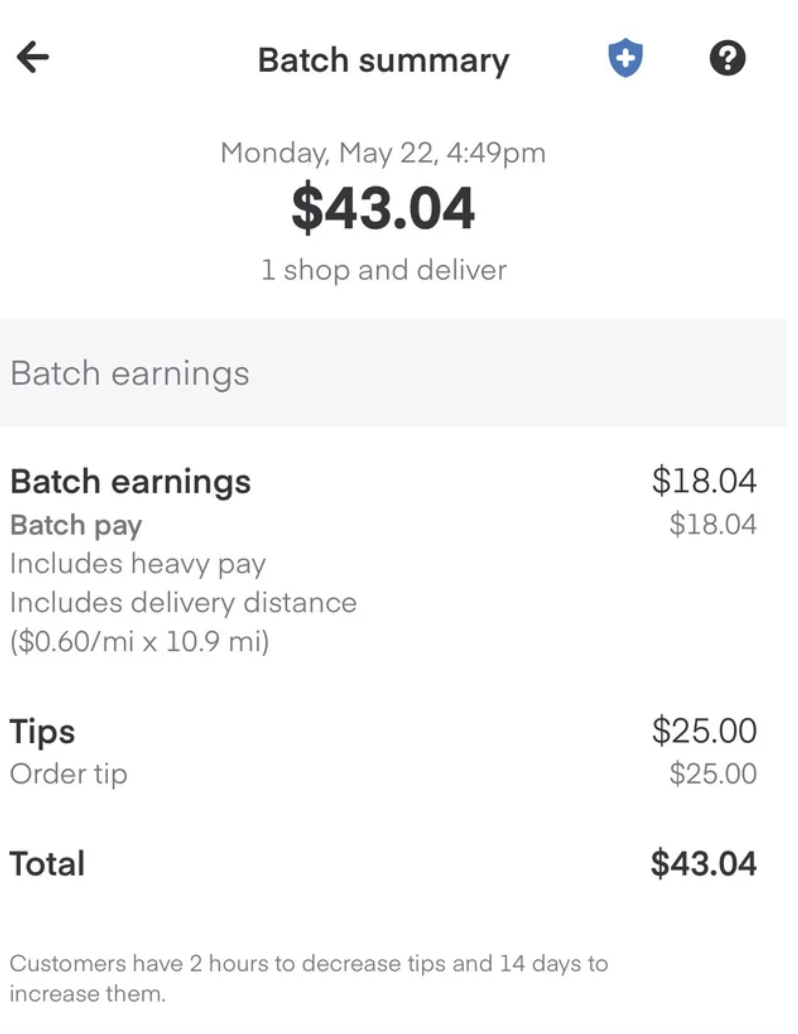 Screenshot of a customer's Instacart receipt